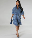 Denim Dress With Frayed Hem And Fringed Sleeves