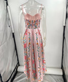 Beaded Halter Neck Sleeveless Pink Printed Dress for Party