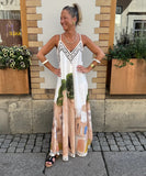 Relaxed Printed Vneck Strap Dress With Wide Skirt Style