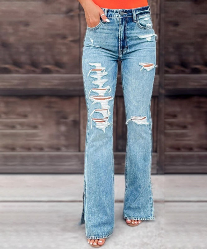 High-Waisted Edgy Denim Pants with Fashionable Split Detail