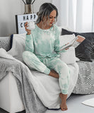 Large Size Tie-Dye Long Sleeve Home Wear Set in Green