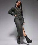 Stylish Denim Long Dress with Slit and Button-Down Collar