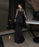 Beaded Mesh Panel Dress Long-Sleeved Cinched Waist