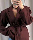 Classic Waist Cinching Belted Padded-Shoulder Jacket