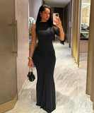 Solid Color Pleated High Waisted Fitted Long Black Dress