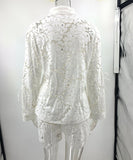 Beige Lace Blouse And Shorts Set Open Neck Long Sleeves