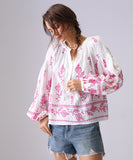 Loose Floral Embroidered Long Sleeve Shirt Viscose Blend