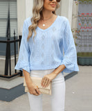 Chic V-neck Diamond Check Hollow-out Jacquard Horn Sleeve Loose T-shirt