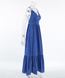 Stylish V-Neck Halter Dress with Open Back in Blue Hue