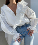 Chic Sexy Deep V-Neck Wooden Ear Edge Long Sleeve Lace Shirt