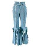 Fluffy Fringed Wide Leg Denim Pants Light Blue For Women