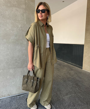 Casual Workwear Drawstring Shirt And Trousers Set Navy