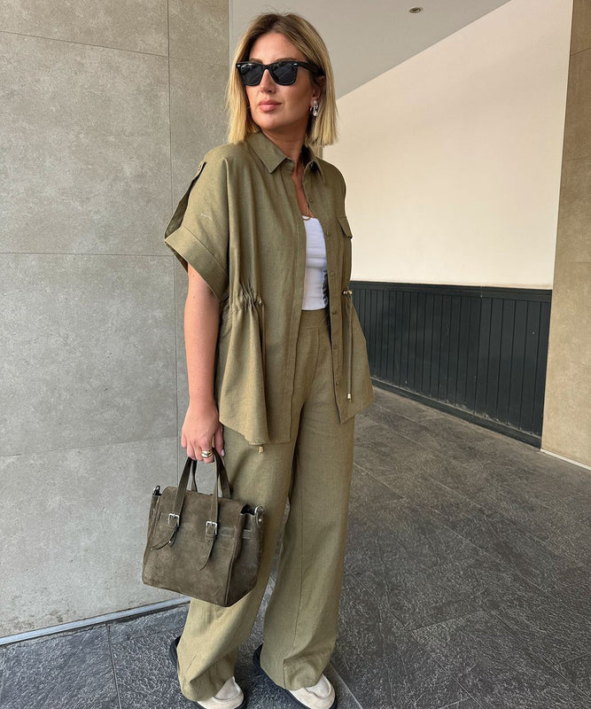 Casual Workwear Drawstring Shirt And Trousers Set Navy