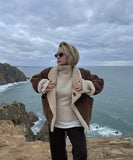 Fashionable Loose Warm Retro Lambskin Coat Deep Brown