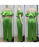 Elegant Plunging Pleated Pants Set Solid Colors Everyday