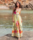 Classic Printed Maxi Dress With Wide Straps Bright Yellow
