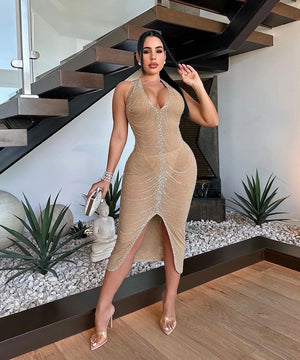 Glamorous Hot Drill Hanging Neck Perspective Slim Slit Wrap Buttock Dress