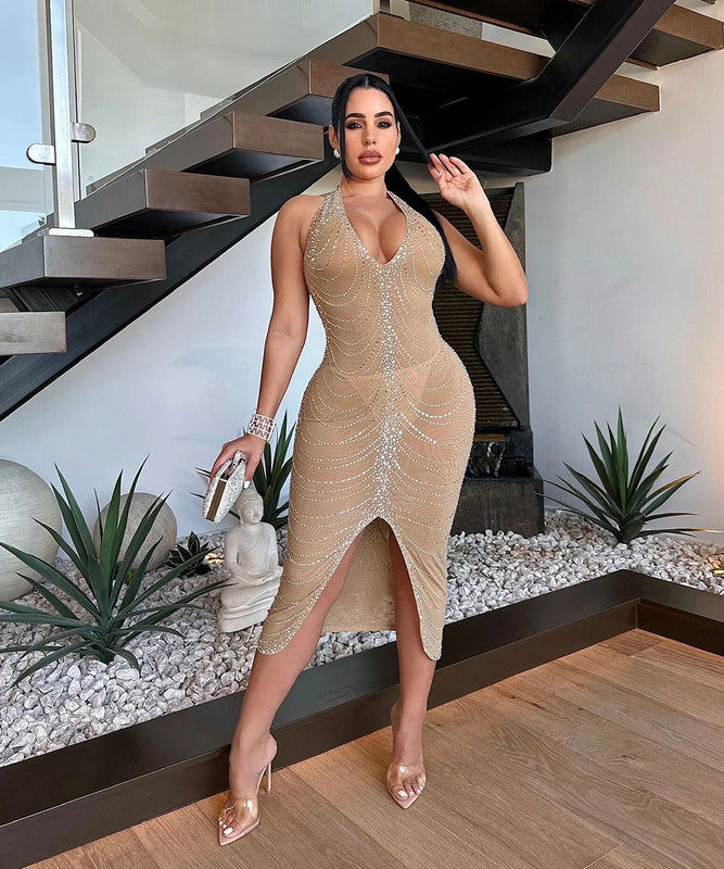 Glamorous Hot Drill Hanging Neck Perspective Slim Slit Wrap Buttock Dress