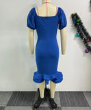 Stretch Wrap Hip Waist Lantern Sleeve Wavy Hem Dress for Flattering Fit