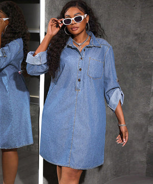 Plus Size Denim Dress For Women Long Sleeve Casual Loose Fit