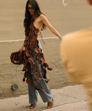 Sexy Sleeveless Backless Sheer Long Dress in Brown Black Rose