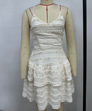 Seductive Ruffled Spaghetti Strap Lace Dress in Solid Colors