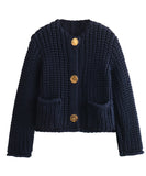 Relaxed Short Button Sweater Coat With Double Pockets