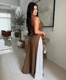 Sexy Sheer Wide-Leg Knitted Halter Top Color-Block Pants