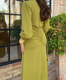 V Neck Fitted Dress Yellow Green Long Sleeve Bodycon