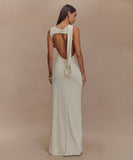 Round-Neck Backless Sleeveless Pleated Slit Dress Elegant Evening Cocktail Party Attire