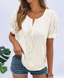 Chic V-Neck Puffed Sleeve Jacquard Casual Loose T-Shirt