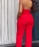 Halter Back V-Neck Button-Down Wide-Leg Jumpsuit for Elegant Style