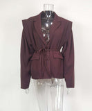 Classic Waist Cinching Belted Padded-Shoulder Jacket