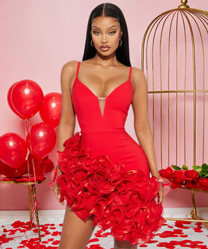 Fashion Sexy Halter Solid Color Lotus Lace Irregular Dress