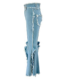Fluffy Fringed Wide Leg Denim Pants Light Blue For Women
