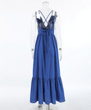 Stylish V-Neck Halter Dress with Open Back in Blue Hue