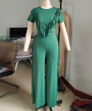Solid Color Short Sleeve Stretch Fringed Clothing Set