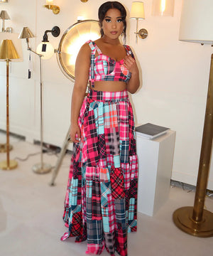 Vibrant Printed Sleeveless Long Dress Set in Red and Pink