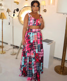 Vibrant Printed Sleeveless Long Dress Set in Red and Pink