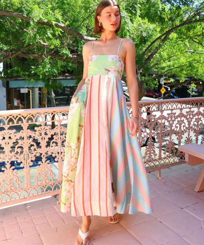 Floral Maxi Dress for Women in Green and Pink Sleeveless Style