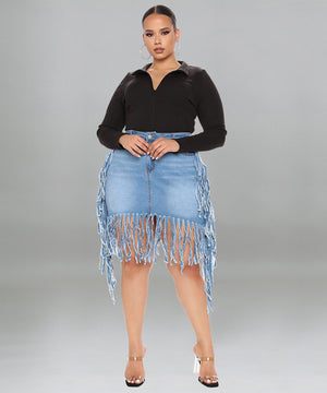 Plus Size Women's Denim Fringed Skirt in Black and Blue
