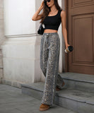 Leopard Print Wide Leg Jeans Relaxed Casual Fit For Women