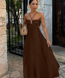 Solid Color Plunging Pleated Sleeveless Halter Dress for You