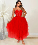Rhinestone Strapless Net Dress Voluminous Silhouette Elegant Party Gown Sparkle Accents