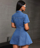 Casual Denim Blazer Dress with Cowl Neck and Short Sleeves