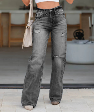 Loose And Comfortable High Waisted Straight Leg Ripped Jeans