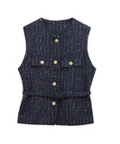 Womens Round Neck Sleeveless Vest With Button Decoration