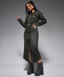 Stylish Denim Long Dress with Slit and Button-Down Collar