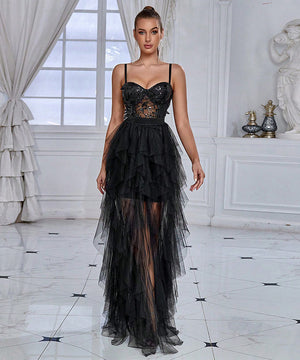 Chic Gauze Evening Dress With Butterfly Sequin Patchwork