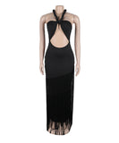 Fringed Sleeveless Long Dress with Flowing Skirt in Black Blue